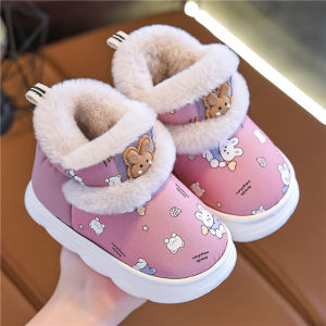 Thickened Cotton Slippers for Children Winter High Help Plush Anti-Slip Warm Waterproof Baby Shoes with Back Heel Cartoon Style