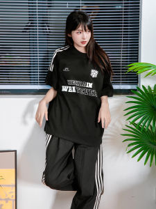 American Retro Three Bars Pure Cotton Short Sleeve Womens Summer Sports Style Tops Oversizet T-shirt Couple Half Sleeve Men