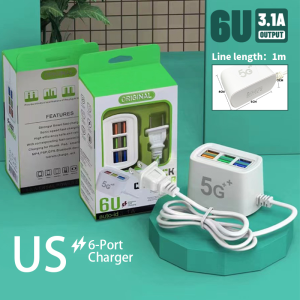 6 in 1 USB Charger Fast Charging 6-Port USB Charging Station Hub Multi Port USB Wall Charger Socket 3.1A 1M Cable