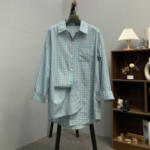 เสื้อเชิ้ตผู้หญิงแขนยาวลายสก็อตสีน้ำเงิน ทรงหลวม ทรงหลวม สไตล์ฤดูใบไม้ร่วง บาง ใส่ลำลอง เสื้อคลุมกันแดด เสื้อเชิ้ตผู้หญิง แฟชั่นฤดูใบไม้ร่วง