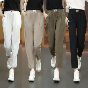 กางเกงขายาวทรงหลวมสไตล์ใหม่สำหรับฤดูร้อนปี 2025 ผ้าไหมน้ำแข็งสำหรับผู้หญิง กางเกงขายาวทรงหลวมสีเทาเข้ม กางเกงขายาวทรงลำลองสำหรับคุณแม่