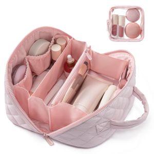 Large Capacity Portable Makeup Bag with Handle Travel Makeup Storage Bag for Woman Essentials Beauty Cosmetic Washbag Pink