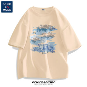 Genio Lamode Mens Short Sleeve T-Shirt Pure Cotton round Neck Summer Ice Blue Heavyweight Loose Fit Breathable Casual Top