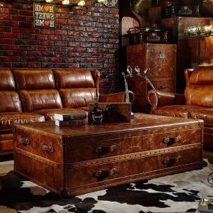 Vintage Leather Box Coffee Table Oil Wax American Country Style Hotel Cigar Bar Tea Table Rectangular Wooden Structure Luxury Quality