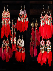 Earrings for New Year New Chinese Style Retro Ethnic Style Red Festive Feather Fancy Earrings New Year Ear Clip without Pierced Ears