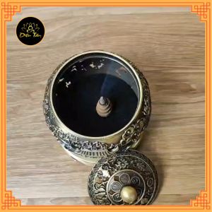 Lư xông trầm hương Lư đồng khắc ngũ long chầu nguyệt lư có đế xoay lư đốt trầm tặng trụ và lót chống cháy đồ thờ cúng phong thủy Diệu Tâm 9.9*12.5cm