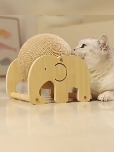 Elephant Design Cat Scratcher Ball Wear-Resistant Sisal Ball Cat Toy with Wooden Stand Durable Cat Scratching Post for Indoor Cats Interactive Kitten Toy for Nail Care & Play