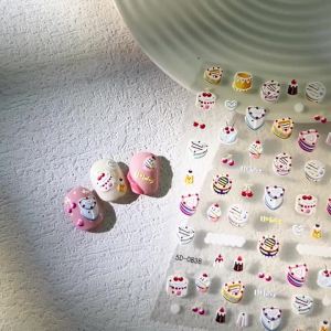 1Pc 5D Embossed Colorful Cake Nail Stickers Cupcake Pudding Cherry Heart Dessert Nails Decals Birthday Party Manicure Decoration