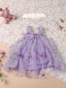 Toddler Baby Tutu Dress Sleeveless Embroidery Lavender Floral Print Tulle Dress Little Girl Princess Dresses And Flower Headband