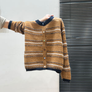 เสื้อคาร์ดิแกนถักแขนยาวคอตั้งทรงหลวมสำหรับผู้หญิง ฤดูใบไม้ร่วง/ฤดูหนาว เสื้อคลุมกันหนาวแบบหนา แขนยาว ลายทาง แขนยาว ปกติ