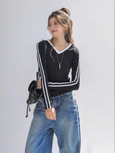 CHANT2nd | V-Neck Early Autumn Single Wear Short Body Slim Colorblock Long Sleeve T-shirt