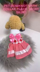 QA°01 Kawaii Pet Bowknot With Collar Plaid Elegant Pet Clothes Summer Dress Pet Couple Dress and Shirt