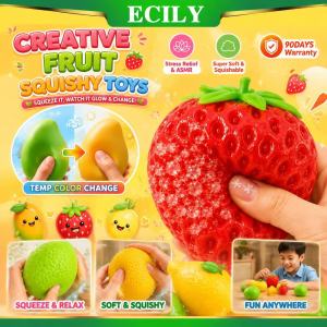 【ECILY🔥3pcs】Realistic Fruit Squeeze Toy  Color Changing Lemon Mango Block Filled Squeeze Fidget Toy For Kids Adults Temp Color Changing Mango Lemon Strawberry 6cm Portable Sensory Play
