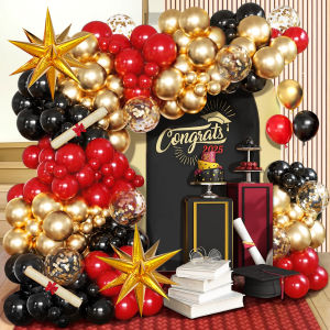 114pcs Red Black and Gold Balloon Arched Garland Set with Gold Exploding Star Aluminum Foil Balloons Suitable for Graduation