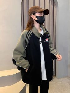 Champion Captain Couple Outerwear Womens Spring Autumn Loose Cotton Stand Collar Street Style Striped Patchwork Jacket