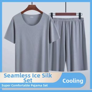 JIFANPAUL | Ice Silk Summer Thin Short Sleeve Sleepwear Set for Men Loose and Breathable