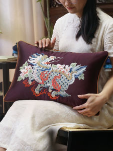 New Chinese Style Living Room Sofa Pillow Kirin Embroidery Cushion National Style Backrest Large Pillow High End Waist Pillow Case