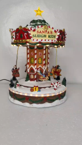 D&D Home  l FC624 Santas High Ride Sleigh Carousel Christmas Decor with Snowy Roof and Santa Figures