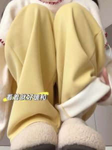 Yellow Fleece Lined Thick Wide Leg Womens Sports Pants Autumn Winter Korean Style Lazy Warm Cotton Sweatpants Casual Banana Pants