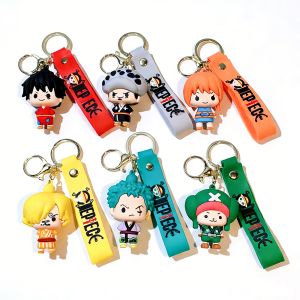 Bandai | 1/6pcs One Piece Wano Country Chibi 3D Silicone Keychain Set Luffy Ace Nami Sanji Zoro Chopper Anime Character Bag Charm
