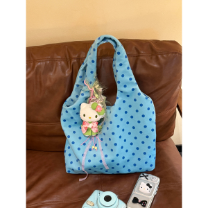 Korean Blue Polka Dot Canvas Tote Bag Womens Large Capacity Single Shoulder Commuter Vest Bag Leisure Style Daily Use