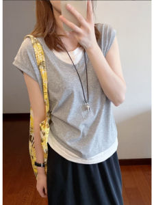 YUEZHONGWEI | Gray Shoulder Length Short Sleeve T-Shirt Womens Summer New Design Trendy Small Flock Sleeve Top Korean Style Loose Fit Pure Color