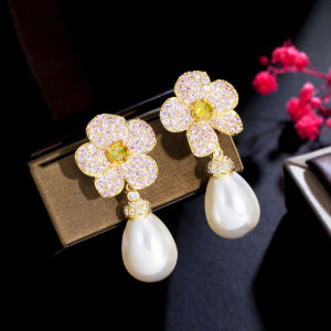 SEQUITO Charming Gold Plating Flower Drop Big Pearl Dangle Earrings Full Paved Purple White AAA CZ Zirconia with Round Yellow Stones Women Pageant Party Jewelry SE747