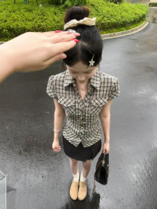 Retro American Plaid Short Sleeve Shirt Women Summer Slim Fit Waist Cinched Beautiful Brown Top Sweet Style Regular Sleeve Cotton Polyester Blend