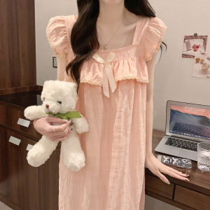 Pajamas Womens Summer Sling Fresh Princess Style Pure Cotton Cute Lotus Leaf Nightdress Mid Length Long Length Suitable for Daily Wear Suit