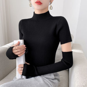 เสื้อถักคอสูงสำหรับผู้หญิง ฤดูใบไม้ร่วง/ฤดูหนาว เสื้อเชิ้ตแขนยาวแบบมีซิปที่แขนแบบแยกส่วน ทรงสลิมฟิต เสื้อผ้าทำงานสไตล์เกาหลี