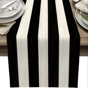 VIKAMA Black and White Striped Linen Table Runner Farmhouse Vintage Country Style Table Cover Kitchen Dining Room Outdoor Party