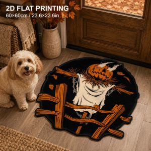 VIKAMA Halloween Scarecrow Pumpkin Round Rug Retro Non-Slip Area Carpet Living Room Bedroom Holiday Decor Floor Mat