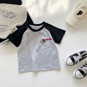 Cartoon Mickey Letter Print Splice Color Block Pure Cotton Short Sleeve T-Shirt Boys Girls Fashion Cute  Top Summer Wear