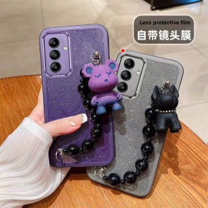 with Lens Film Phone Case Samsung Galaxy S25 + Ultra A06 A16 A26 A36 A56 LTE Plus 5G 4G New Trendy Fashion Shiny Cardstock Casing with Cute Cartoon Bear Bulldog Wristband 2025