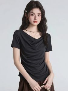 AIYITI | French Elegant Large Size Black T-shirt Short Sleeve Flare Neck Peplum Waist