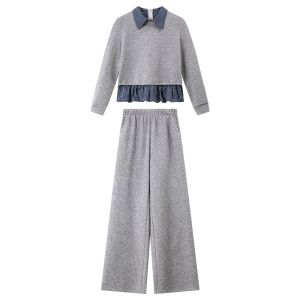 Vimly | Gray Korean Style Casual Winter New Set with Turn-down Collar Blouse and Wide-leg Pants