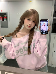 Sweet And Spicy Letter Print Oblique Shoulder Sweatshirt Womens Autumn New Design Lazy Chic Long Sleeve Top Korean Style