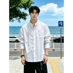 OUMULONG | Mens White Linen Collared Long Sleeve Shirt Light Breathable Sun Protection