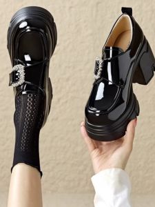 Womens High Heel Thick Bottom Loafers Spring 2025 New Style Casual round Toe Glue Stick Shoes Ultrafine Fiber Lining