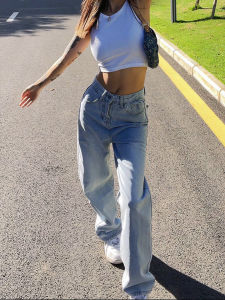 American Retro Washed Blue Loose Dad Straight Leg Floor-Length Jeans Womens Summer Casual Straight Tube Trousers