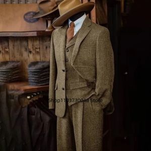 Brown/Gray Mens Wool Tweed Slim Fit 3 Piece Suit Winter Formal Herringbone Business Groom Tuxedo Male Jacket Vest Pants Set