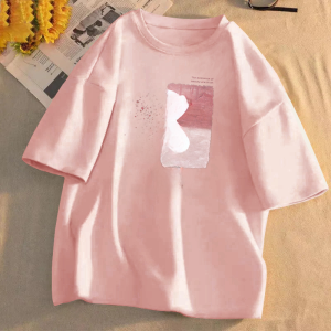 Summer Short Sleeve T-Shirt Women Casual Loose Fit Cotton Round Neck Print Top Korean Style Student Pure Color Shoulder Line