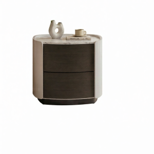 Natural Stone Round Italian Minimalist Bedside Cabinet Smoke Wood
