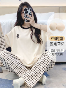 ชุดนอนผู้หญิงผ้าฝ้ายแท้ฤดูร้อน ชุดสามชิ้นพร้อมแผ่นเสริมหน้าอก ชุดอยู่บ้านสบายๆ ชุดนอนฤดูร้อน ชุดนอนผู้หญิง ชุดนอนผู้หญิง