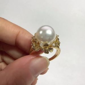 Huitan Delicate Imitation Pearl Ring with Cubic Zirconia for Women Exquisite Flower Jewelry for Engagement Ceremony Wedding Gift