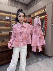 Spring 2025 Womens Pink Long Sleeve Shirt Floral Patchwork 3D Flower Design Anti-Uv Striped Pattern Commute Style Korean Version