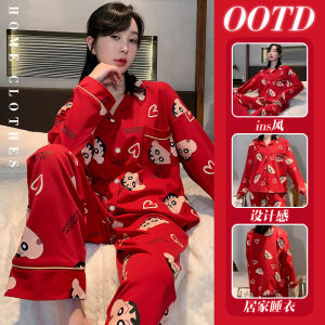 Bộ Đồ Ngủ Dài Tay Hoạt Hình Màu Đỏ Cưới Cho Nữ Mùa Xuân Thu Quần Áo Mặc Nhà Cotton Phong Cách Ngọt Ngào Dễ Thương Tagkita