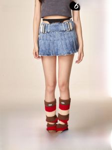 LALABOBO ฤดูใบไม้ผลิ 2024 High Street ลำลอง สายรัดเอวคู่ เดนิม Halfling ผู้หญิง กระโปรง หวาน Pure Color Short ผ้าฝ้าย Blend