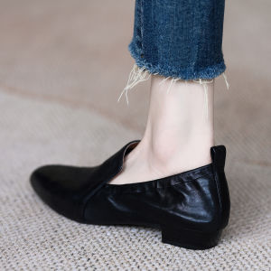 Meneer-M Vintage Soft Leather Slip-On Womens Shoes Spring 2025 Pointed Toe Deep Mouth Elastic Closure Small Leather Shoes