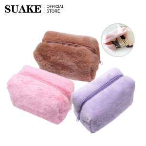 SUAKE Cosmetic Bag Macaron Color Soft Fabric Plush Pencil Case Large Capacity Cosmetic Bag